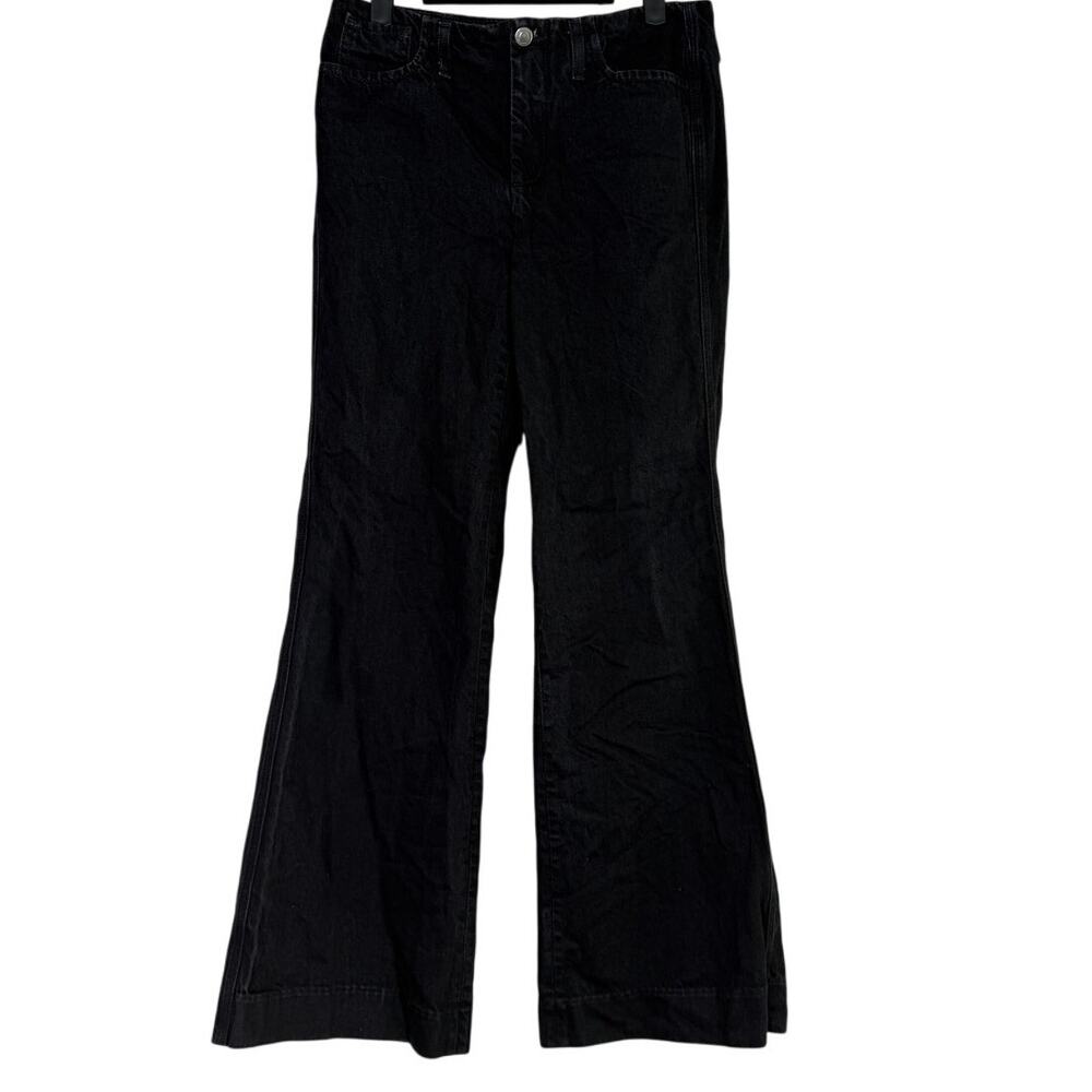ZARA Mid Rise Wide Flare Leg Full Length Boot Cut Jean 100% Cotton 4 Black #4117